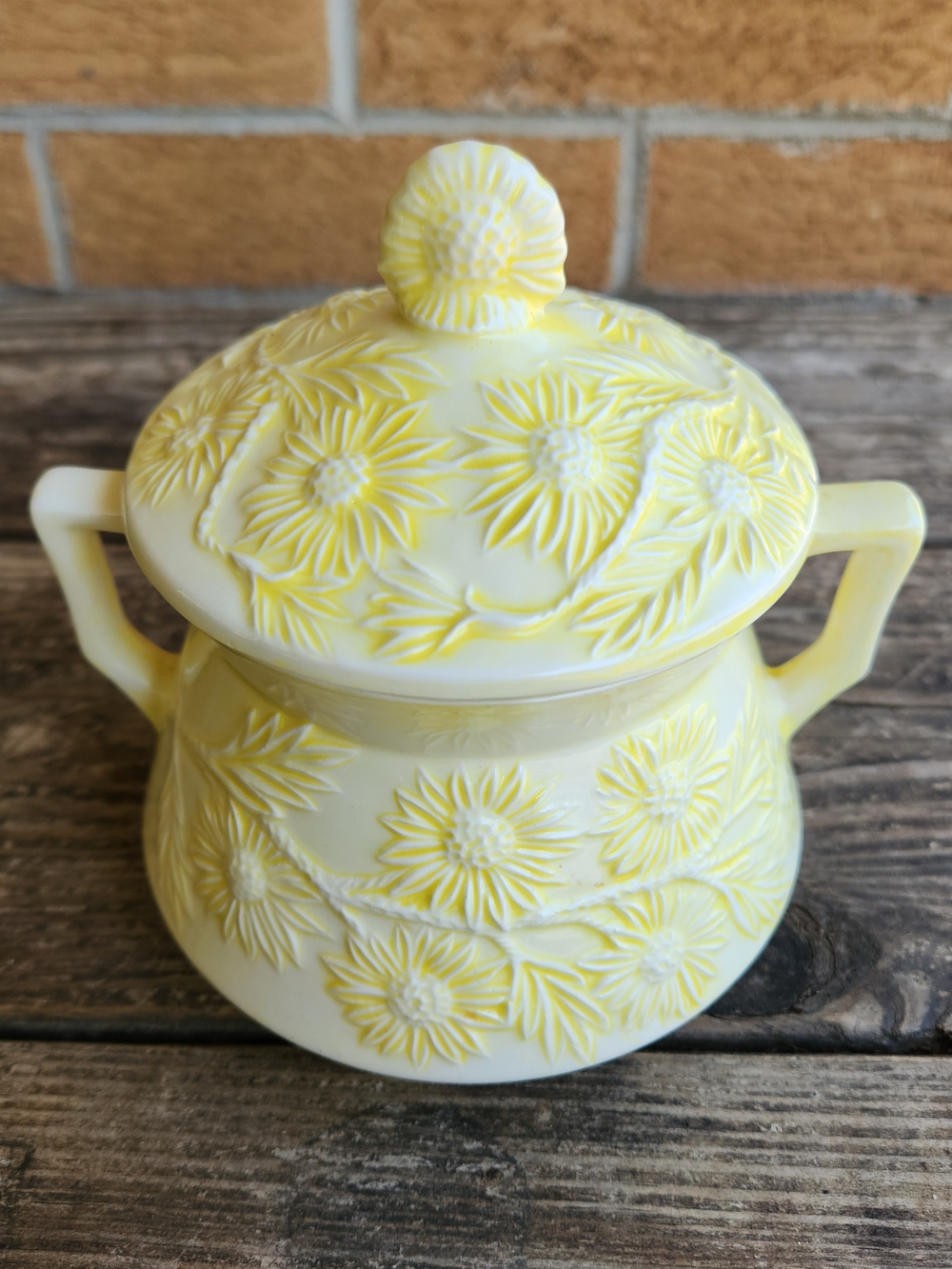 Vintage Sugar Bowl Yellow Daisies Pattern Mid Century Ceramic